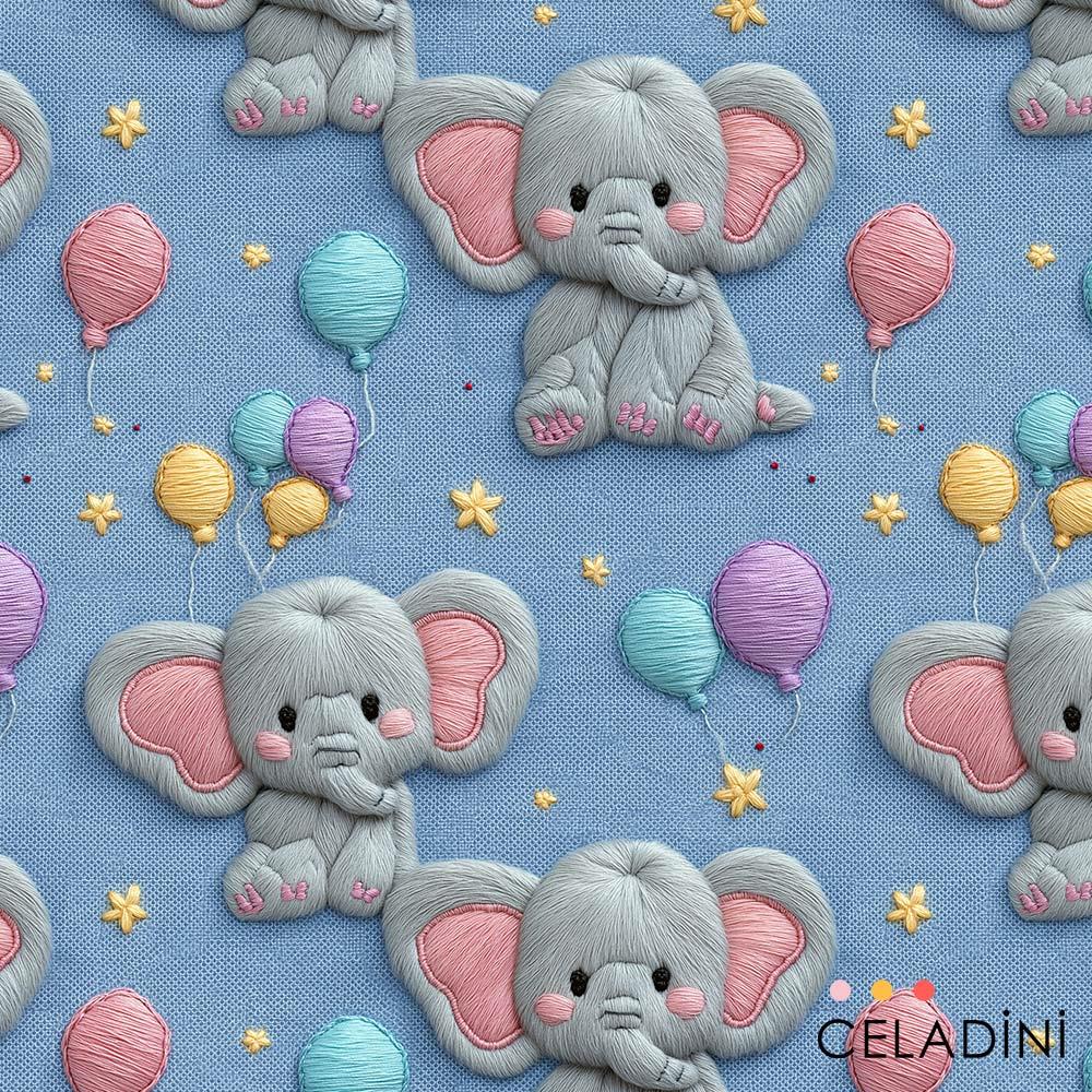 3D Nakış Efektli Fil Desenli Kumaş