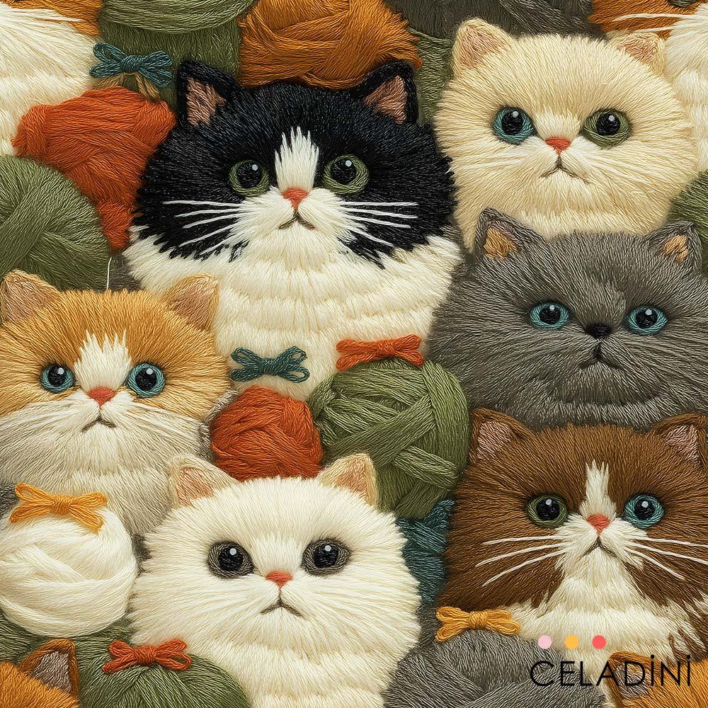 3D Nakış Efektli Kedi Desenli Kumaş