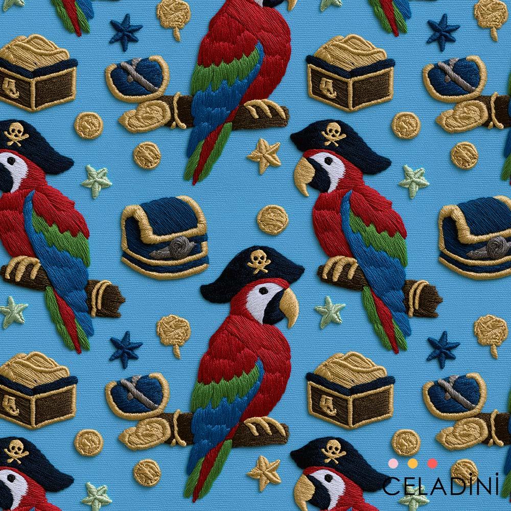 3D Nakış Efektli Korsan Papağan Desenli Kumaş