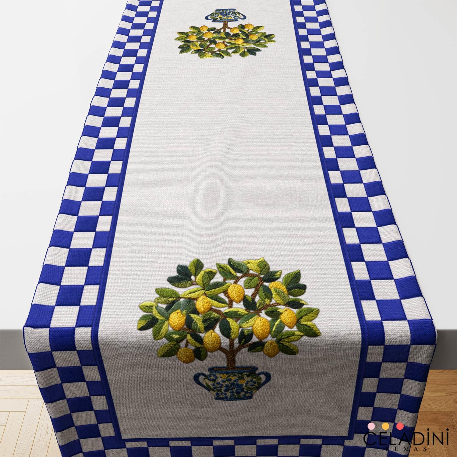 3D Nakış Efektli Limon Ağacı Runner Kumaşı