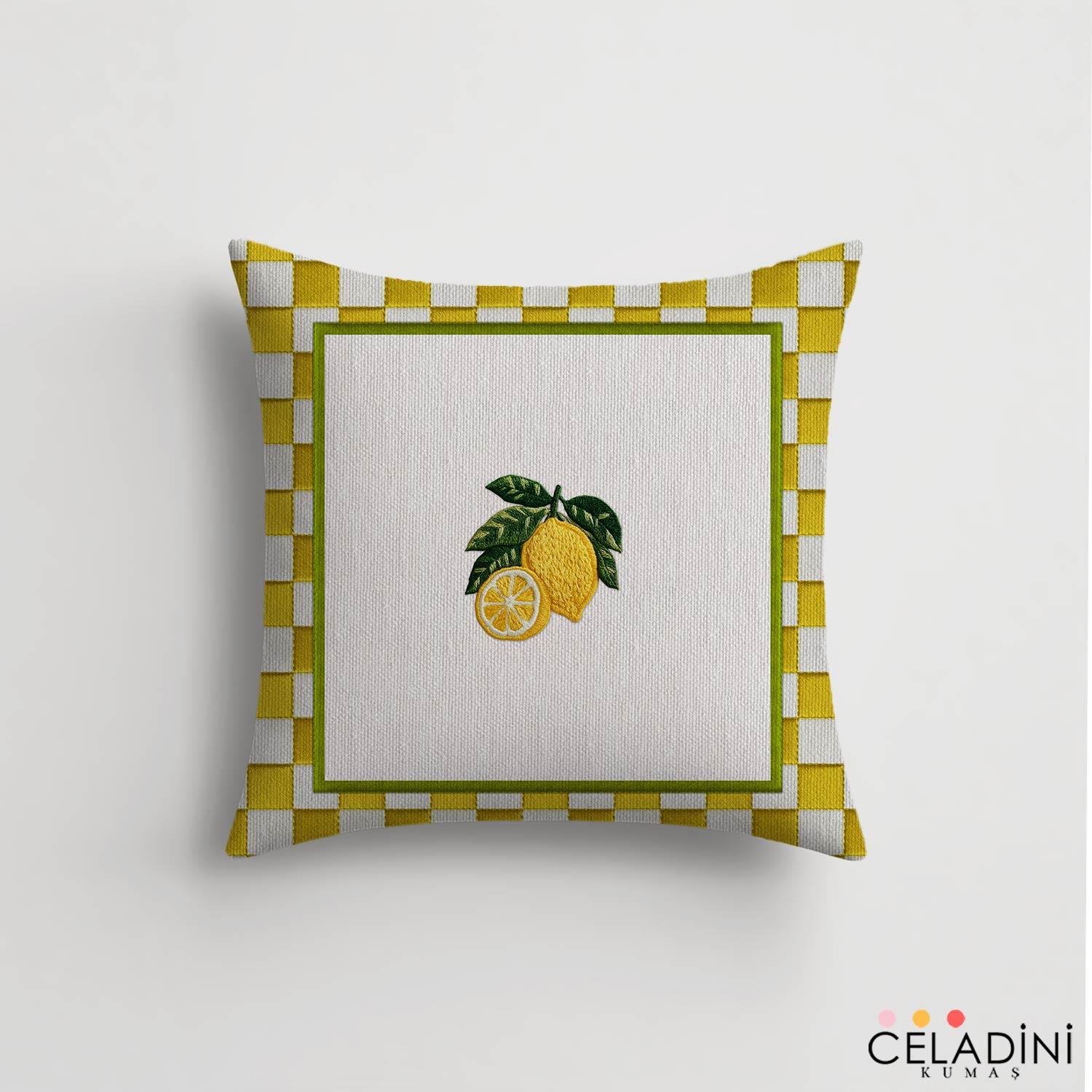 3D Nakış Efektli Limon Kırlent Kumaşı