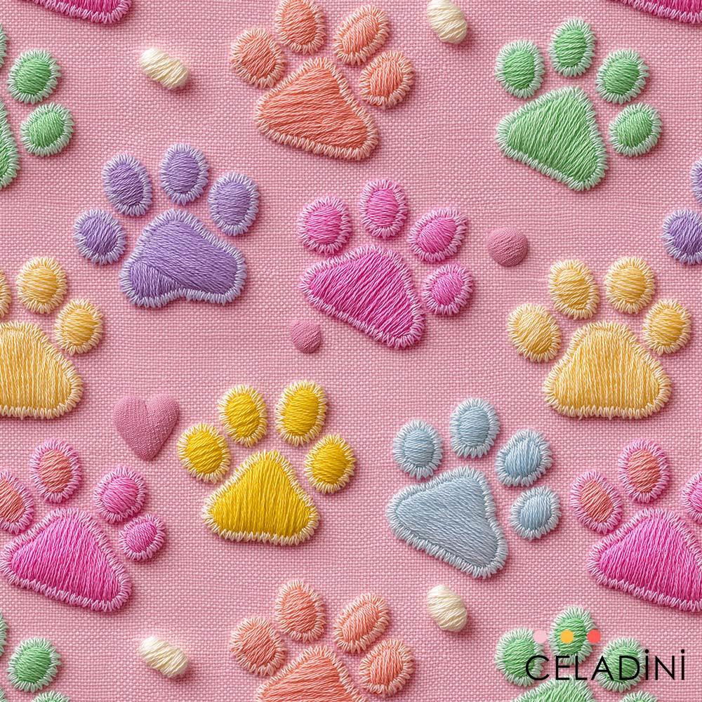 3D Nakış Efektli Pembe Fon Patiler Desenli Kumaş