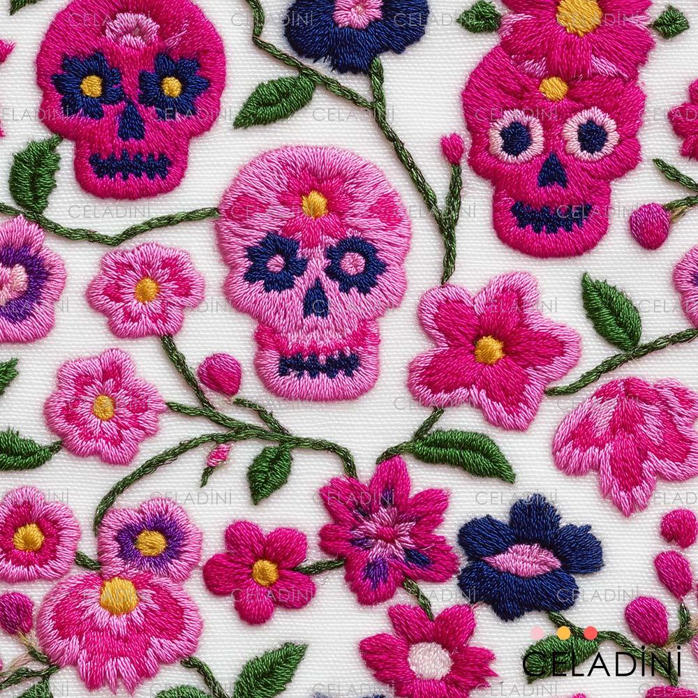 3D Nakış Efektli Pembe Kurukafa Desenli Kumaş