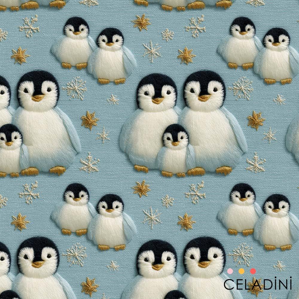 3D Nakış Efektli Penguen Desenli Kumaş