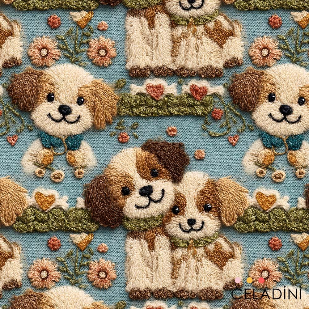 3D Nakış Efektli Sevimli Köpek Desenli Kumaş