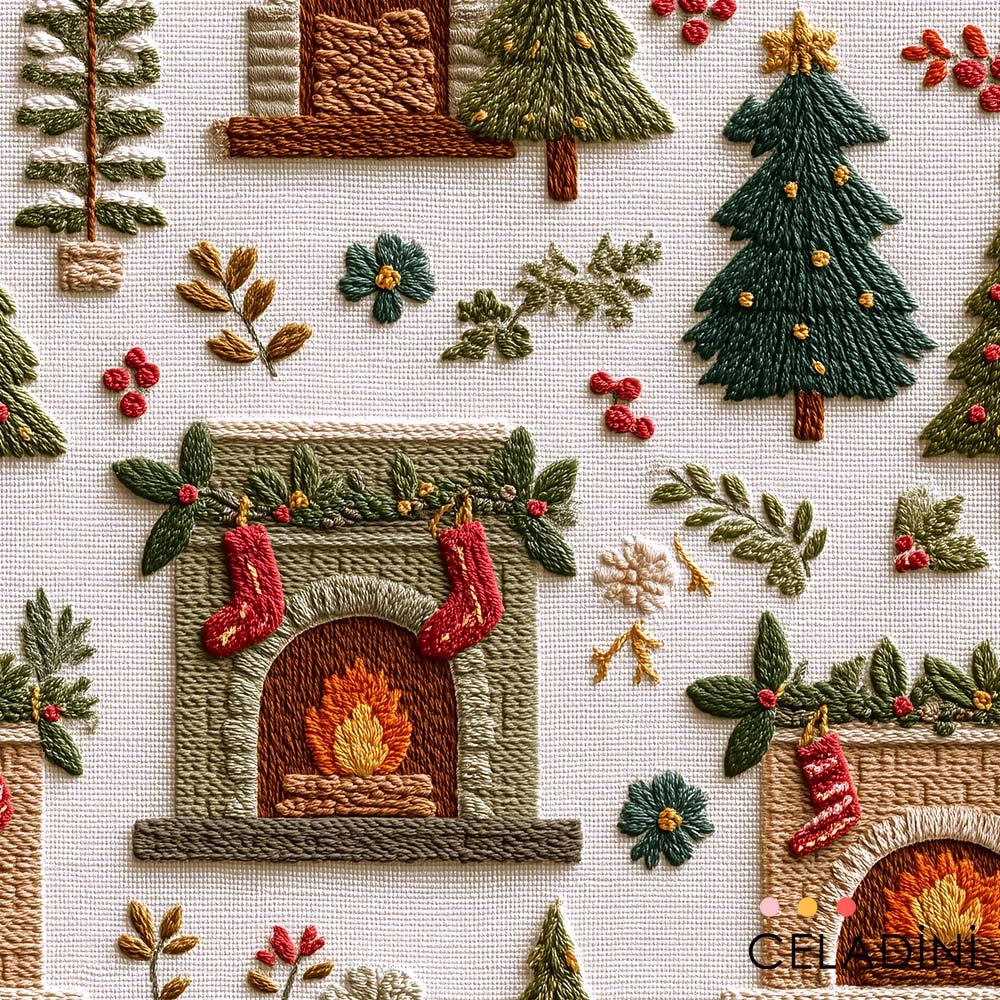 3D Nakış Efektli Şömineli Yılbaşı Kumaşı