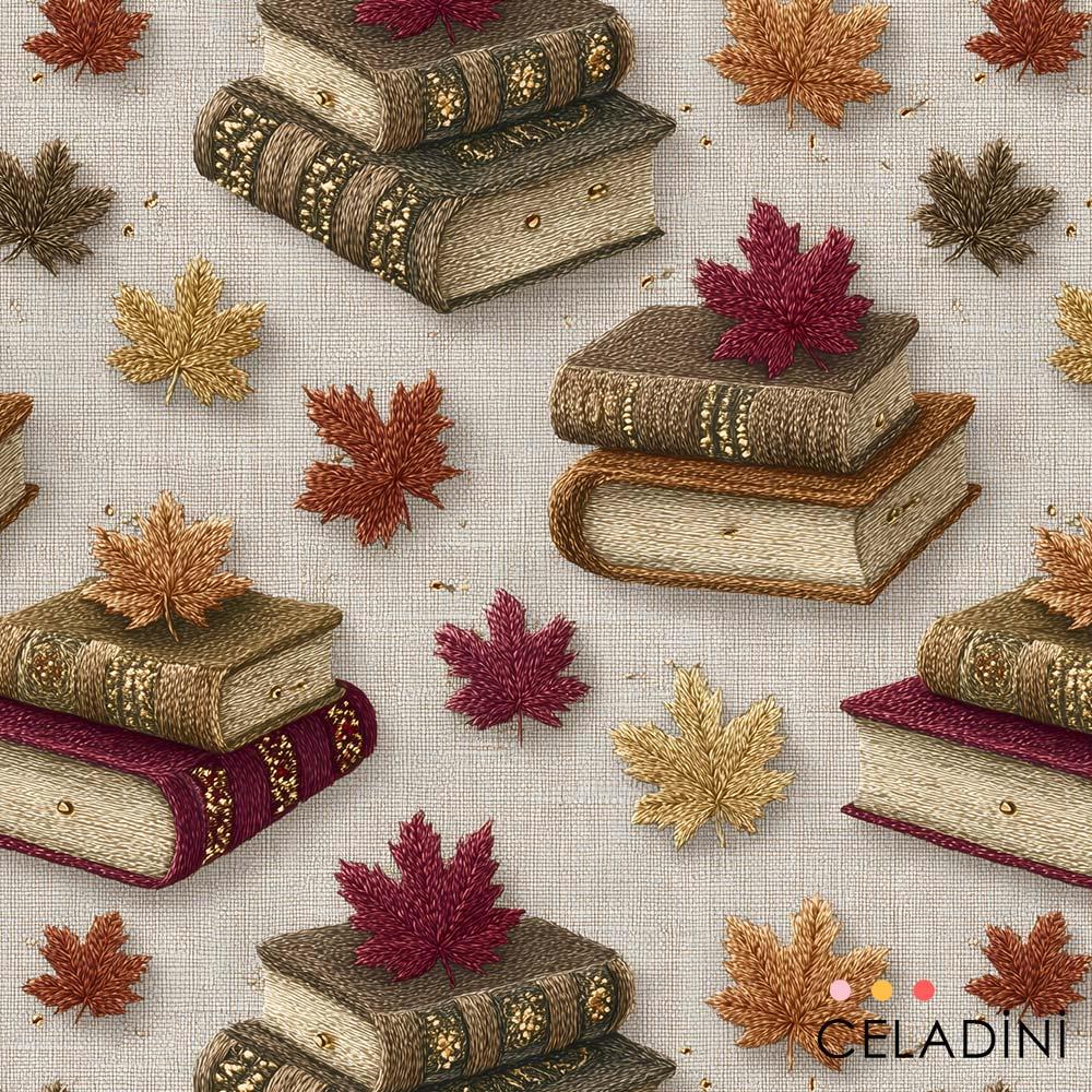 3D Nakış Efektli Sonbahar Kitap Desenli Kumaş
