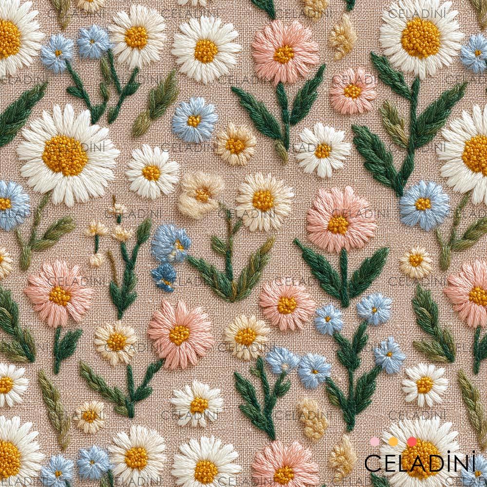 3D Nakış Efektli Vintage Papatya Desenli Kumaş