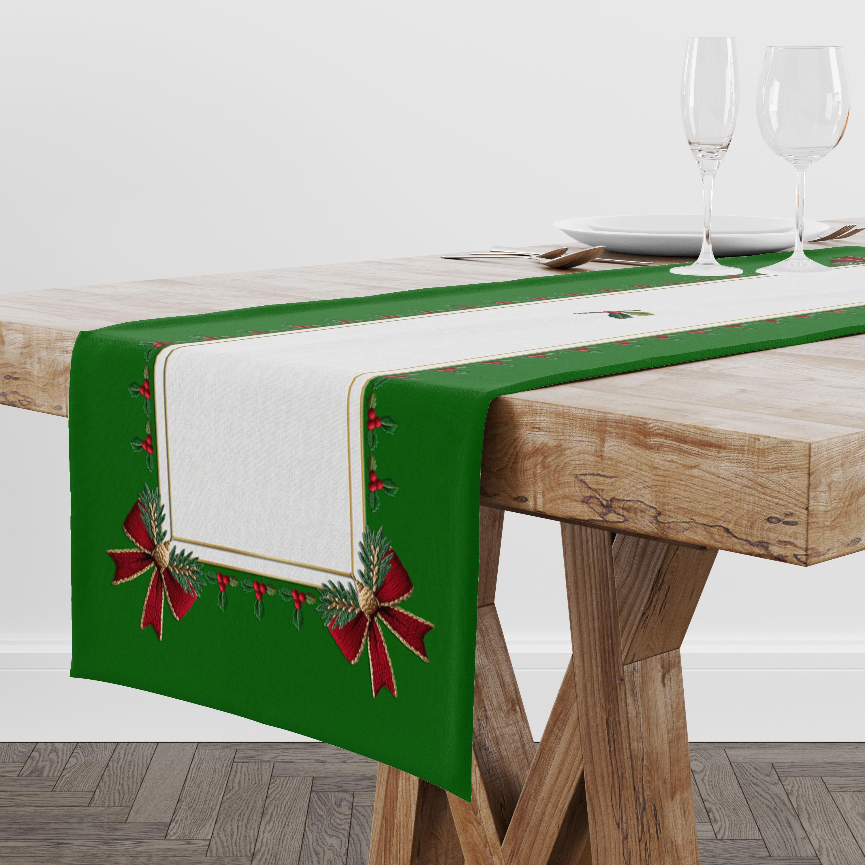 3D Nakış Efektli Yılbaşı Runner Kumaşı Yeşil