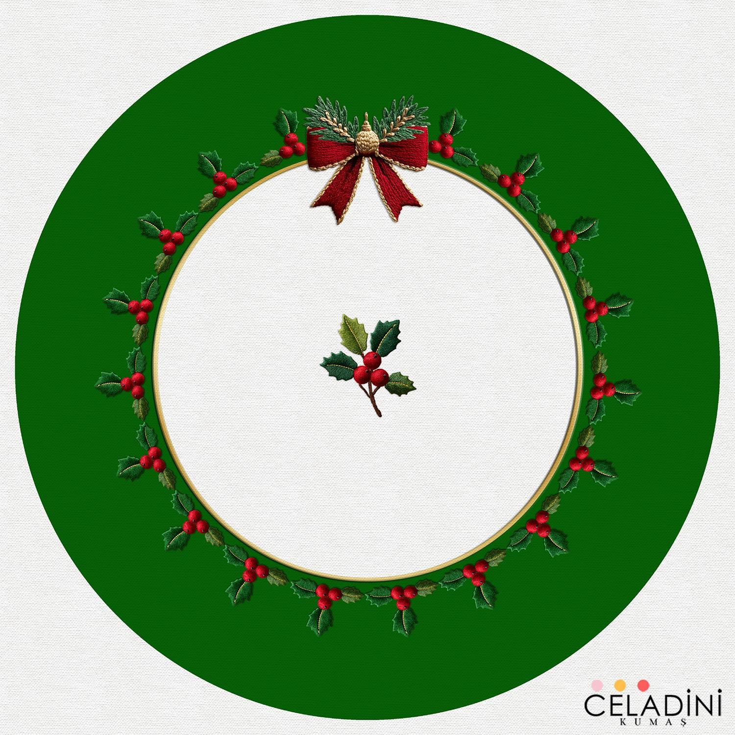 3D Nakış Efektli Yılbaşı Supla Kumaşı Yeşil