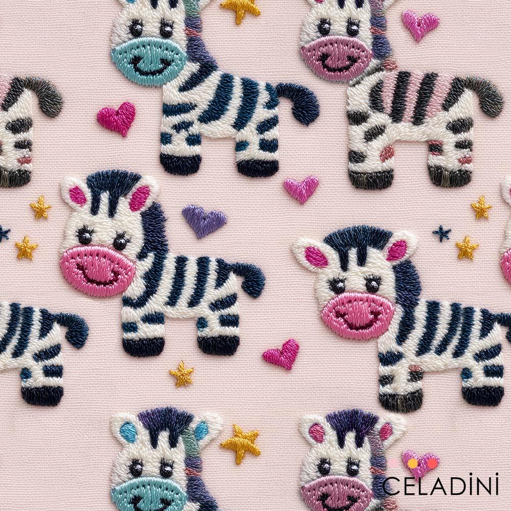 3D Nakış Efektli Zebralar Desenli Kumaş