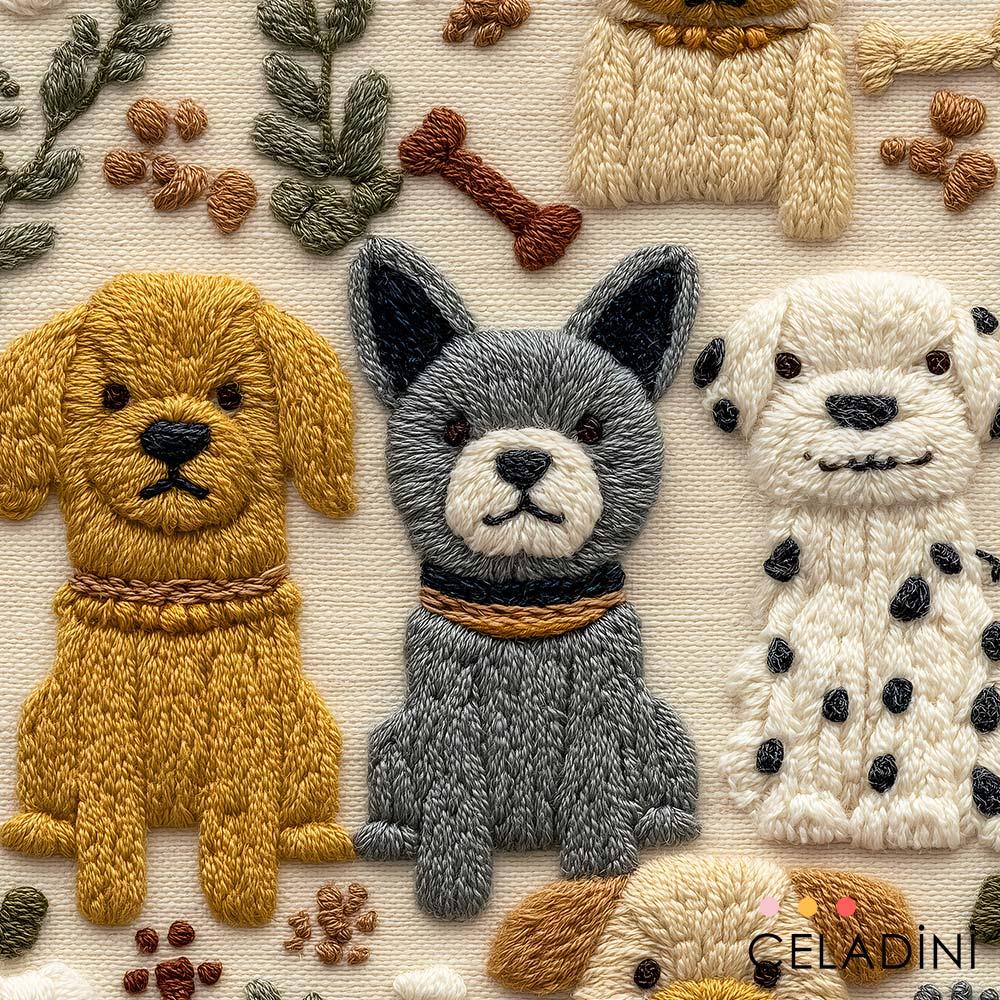 3D Nakış Sevimli Köpekler Desenli Kumaş