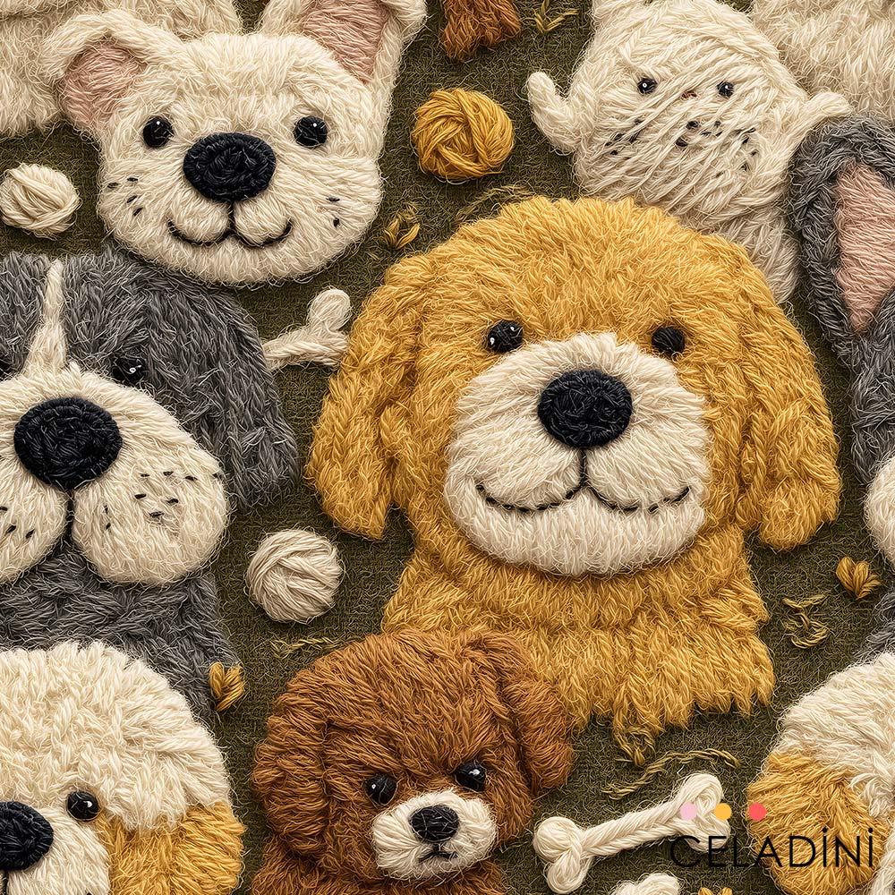3D Nakış Yaramaz Köpekler Desenli Kumaş