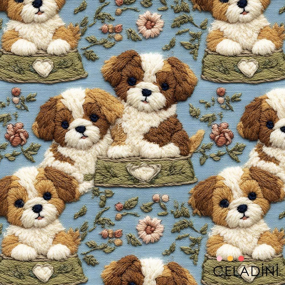 3D Nakış Yavru Köpek Desenli Kumaş