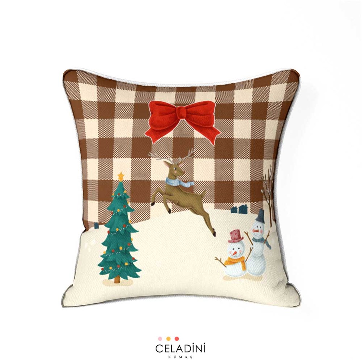 45x45 cm Kahve Ekose Yılbaşı Kırlent Kumaşı