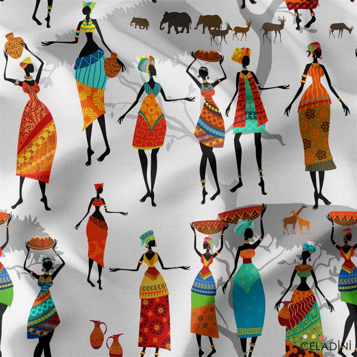 Afrikalı Kadınlar Desenli Kumaş Versiyon-2 (Beyaz)