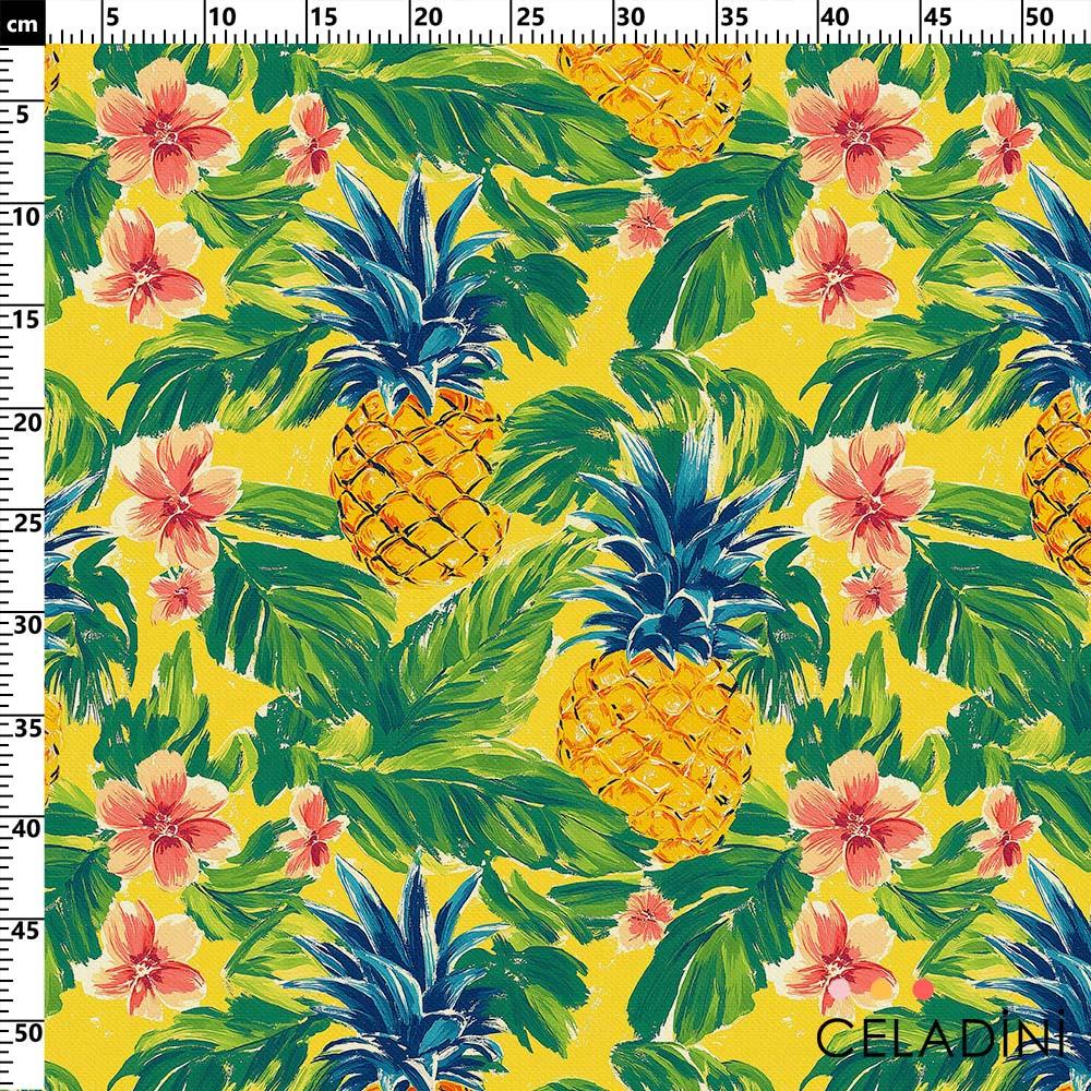 Ananas ve Tropikal Çiçekler Desenli Sarı Kumaş