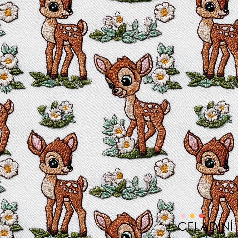Bambi Ceylan Desenli 3D Nakış Efektli Kumaş