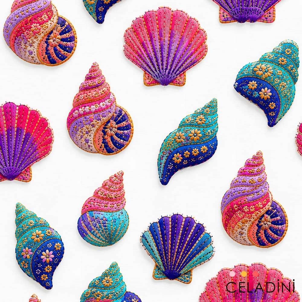 Beyaz Fon Renkli Midyeler Desenli 3D Nakış Efektli Kumaş