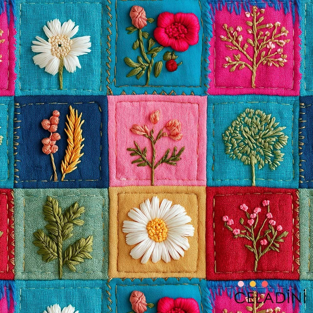 Botanik Patchwork 3D Nakış Efektli Kumaş