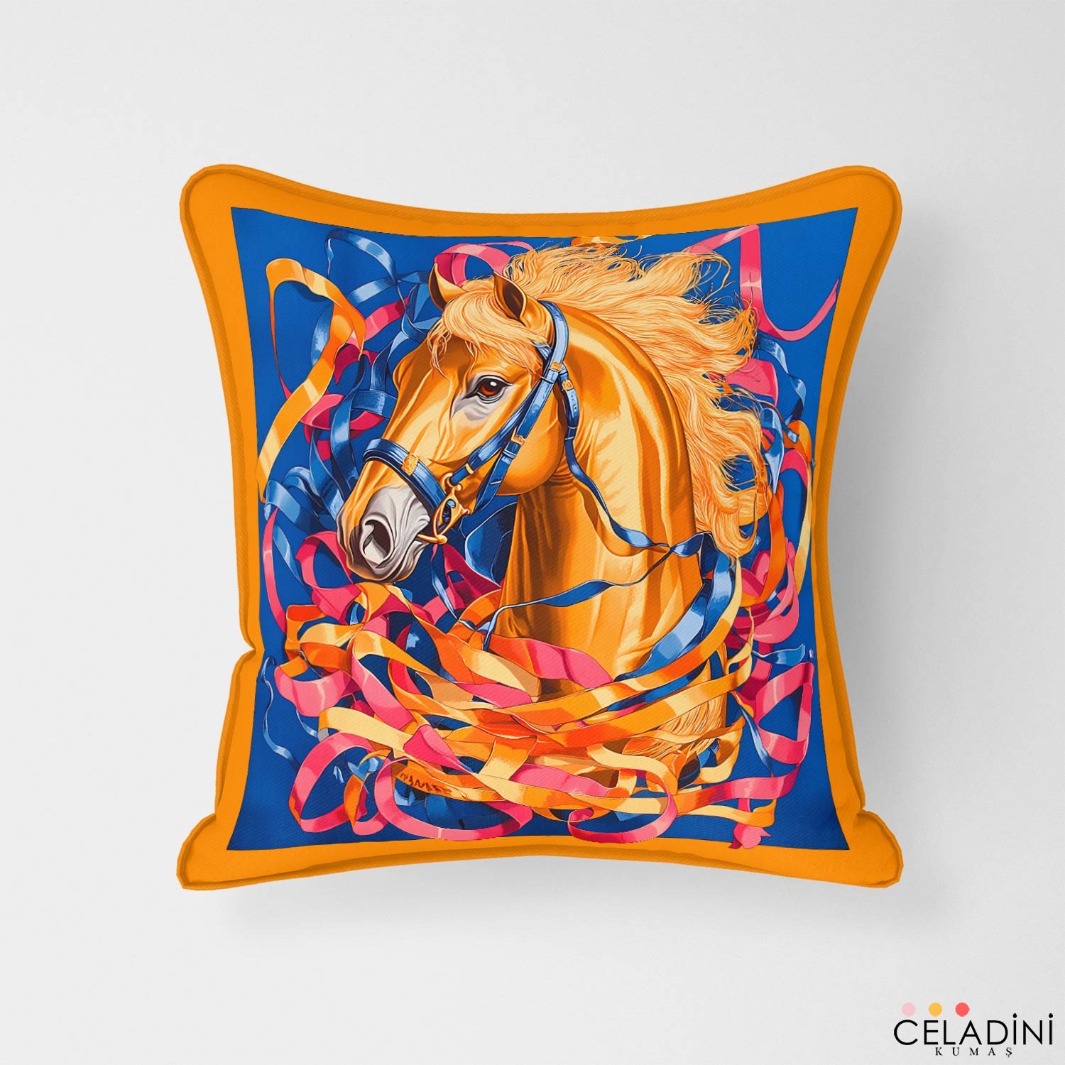 Chevaux Serisi At ve Kurdele Desenli Kırlent Kumaşı