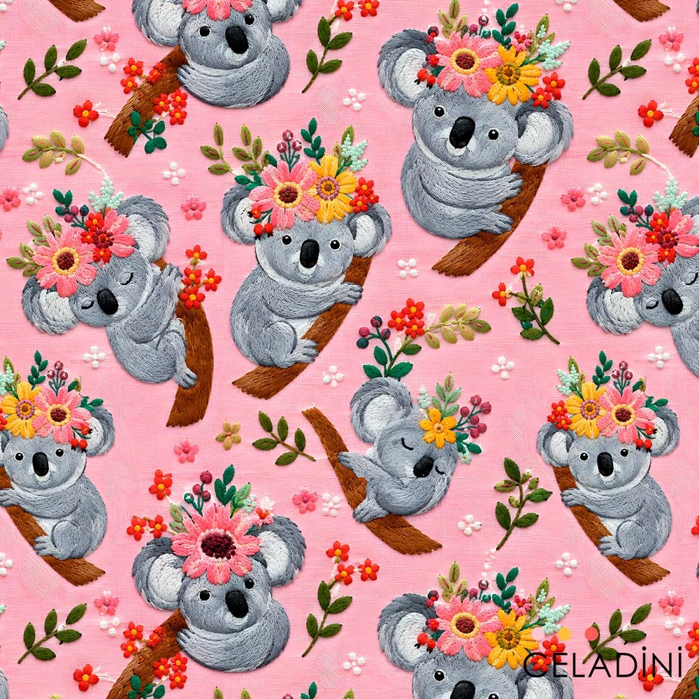 Çiçek Taçlı Koala Desenli 3D Nakış Efektli Kumaş