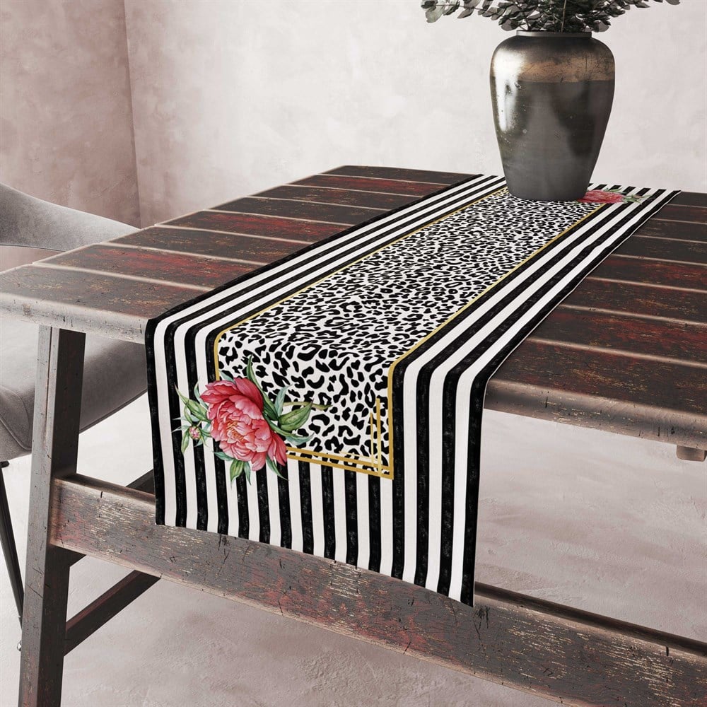 Çizgili Leopar Elegant Çiçekli Runner Kumaşı