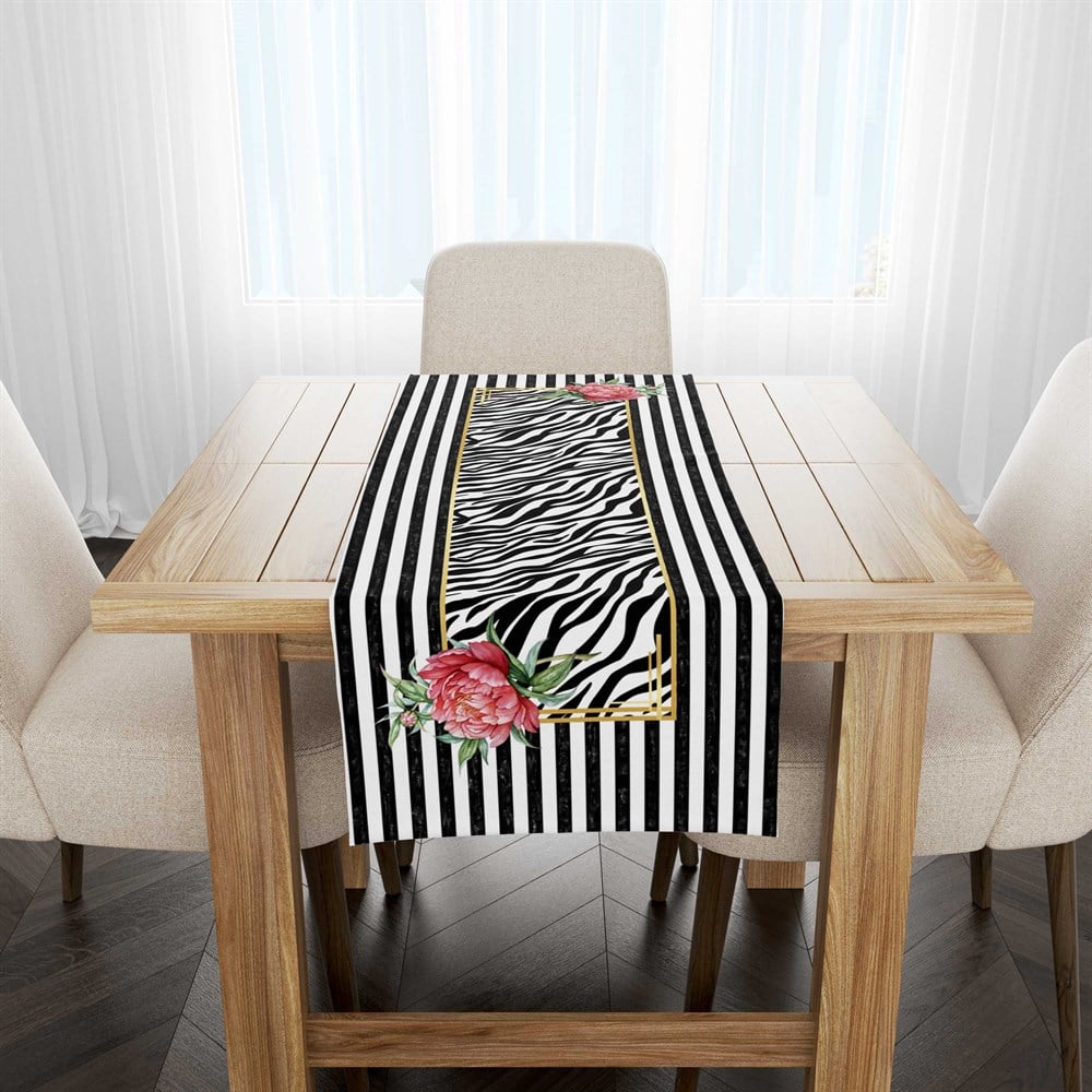 Çizgili Zebra Elegant Çiçekli Runner Kumaşı