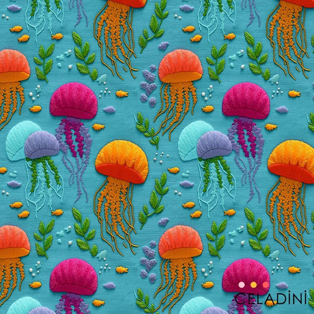 Denizanaları Desenli 3D Nakış Efektli Kumaş