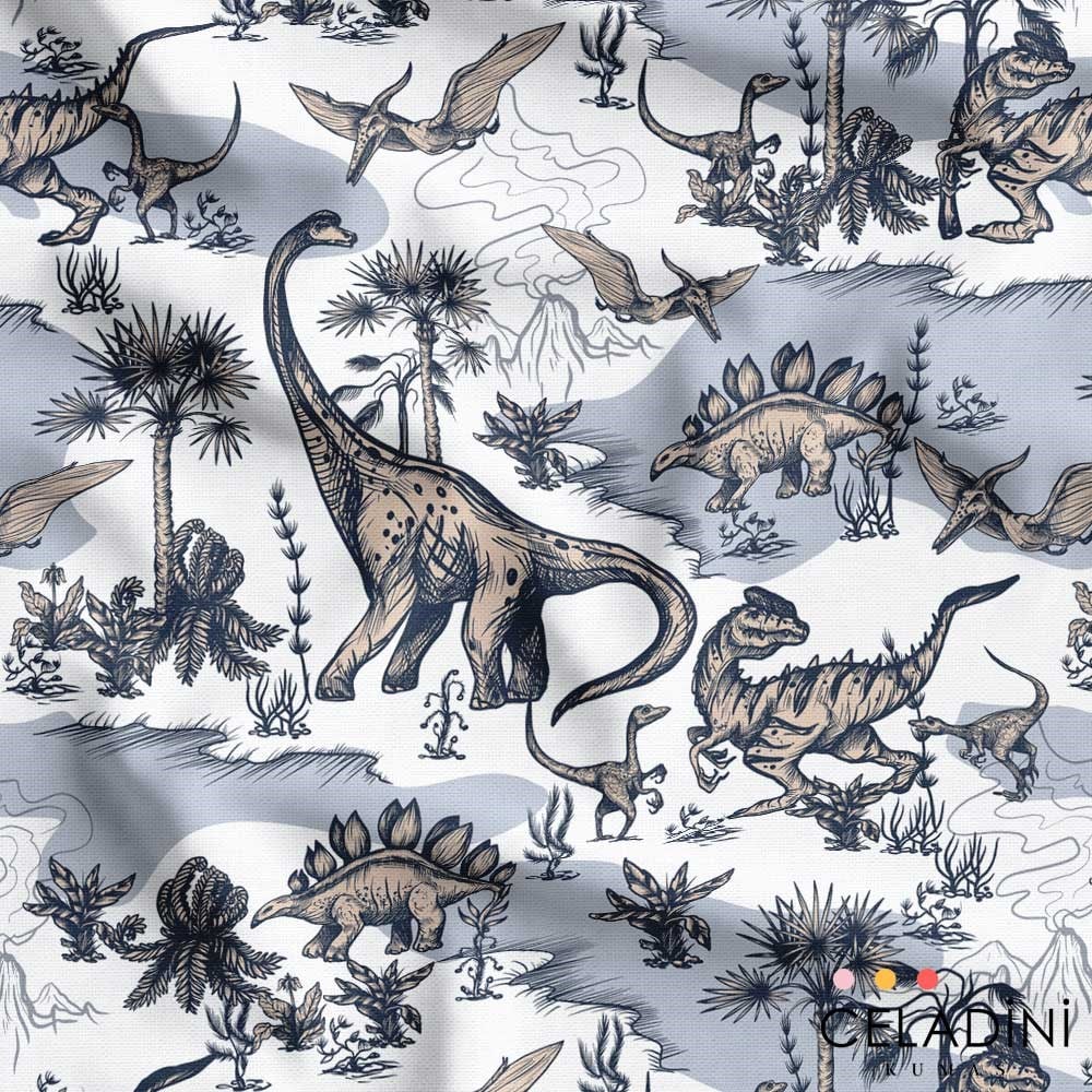 Dinozorlar Desenli Çocuk Kumaşı
