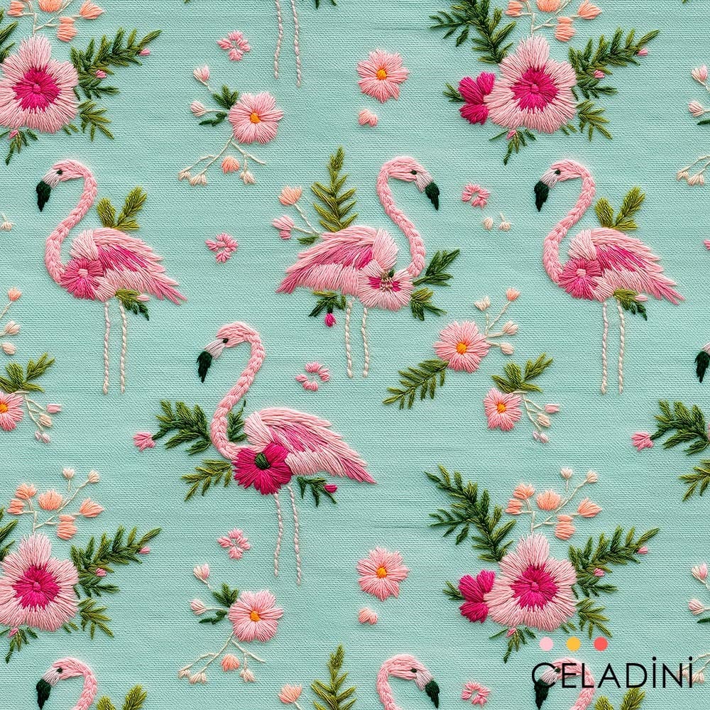 Flamingo Bahçesi Desenli 3D Nakış Efektli Kumaş