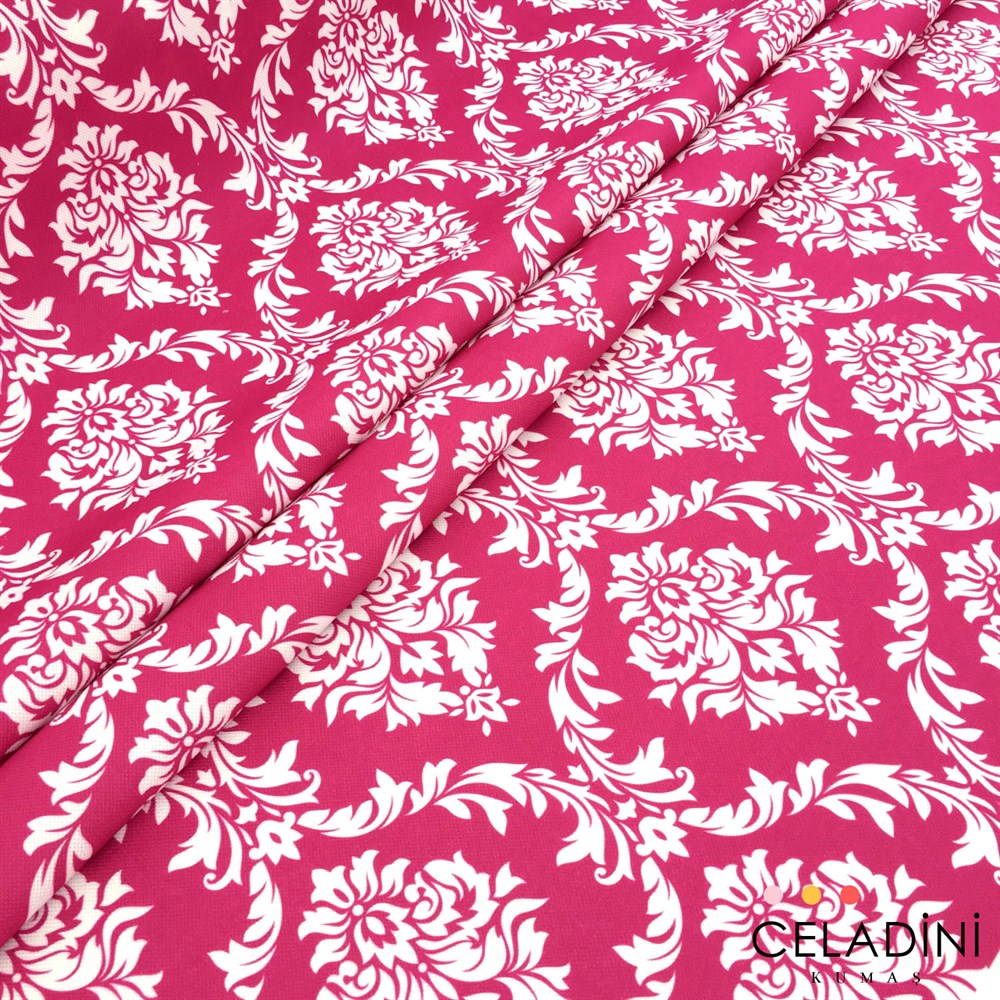 Fuşya Beyaz Büyük Damask Desenli Kumaş