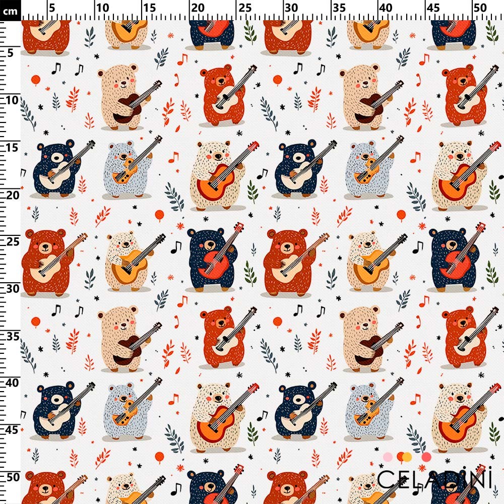 Gitar Çalan Sevimli Ayılar Desenli Kumaş