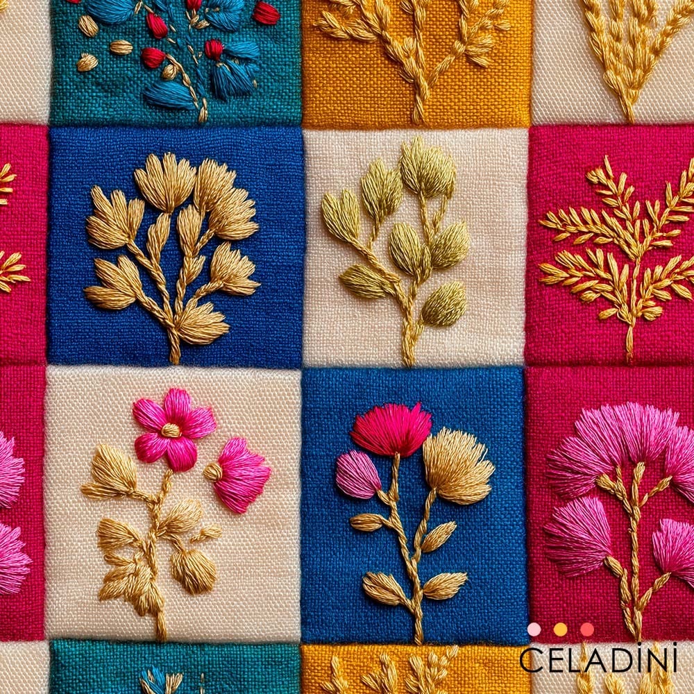 Gold Çiçekli Patchwork 3D Nakış Efektli Kumaş