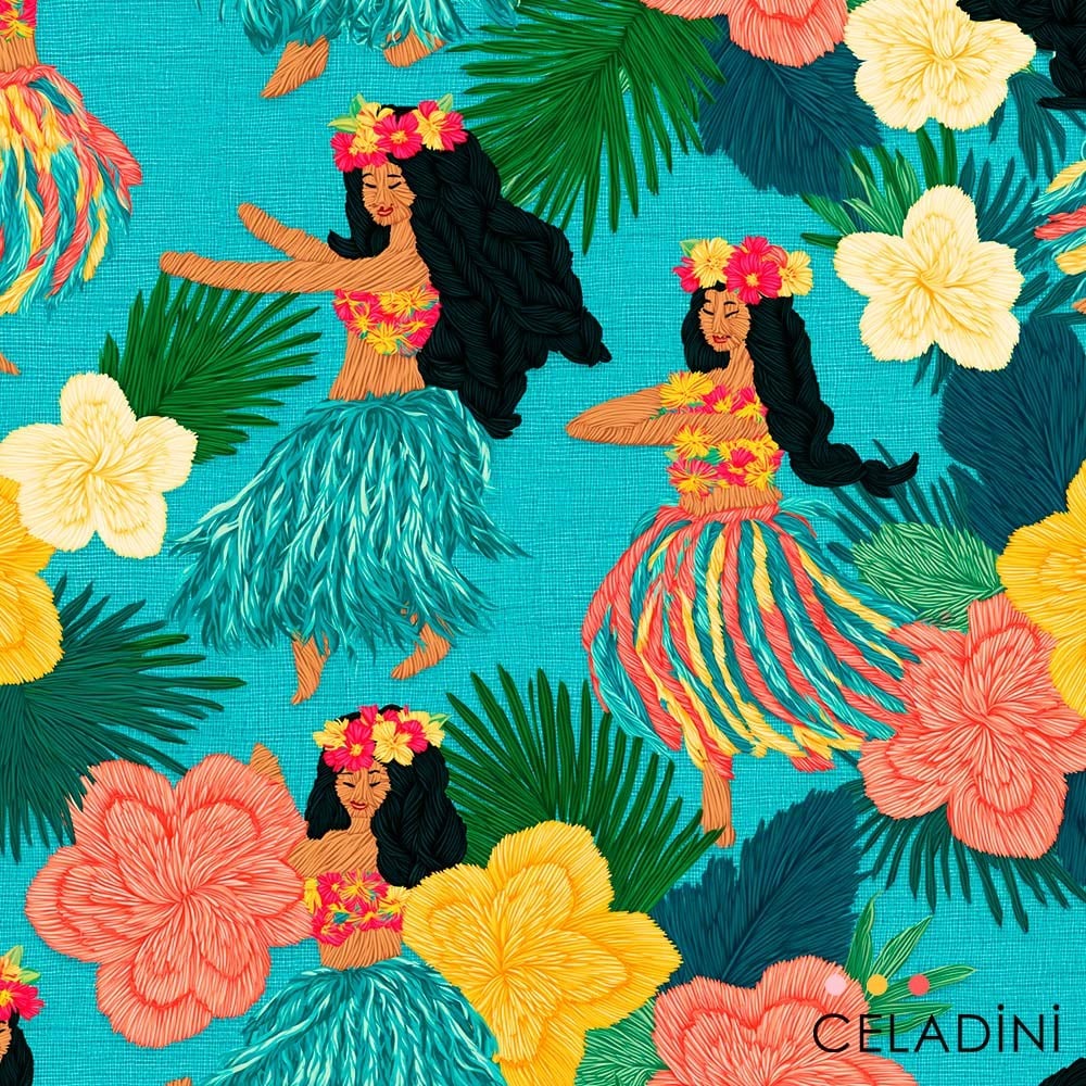 Hawaii Dansçıları Desenli 3D Nakış Efektli Kumaş
