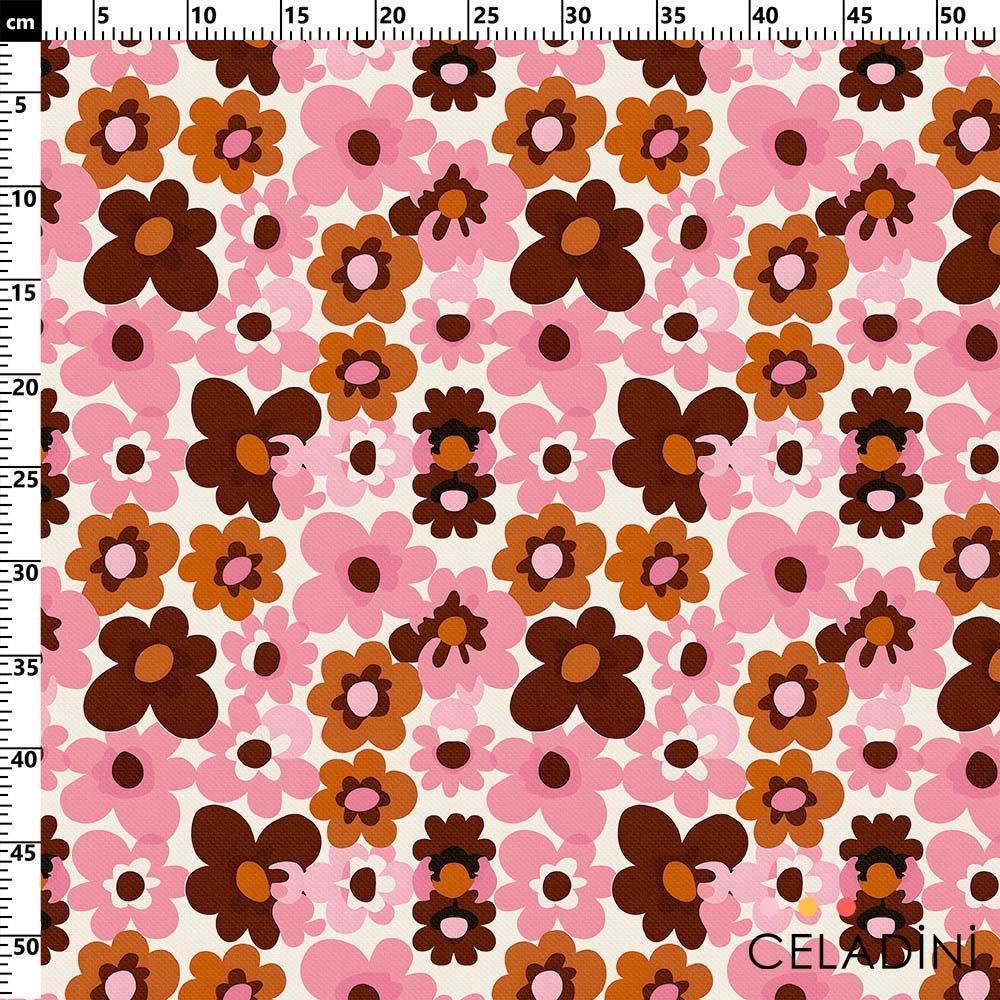 Kahve-Kavuniçi Retro Çiçekli Kumaş