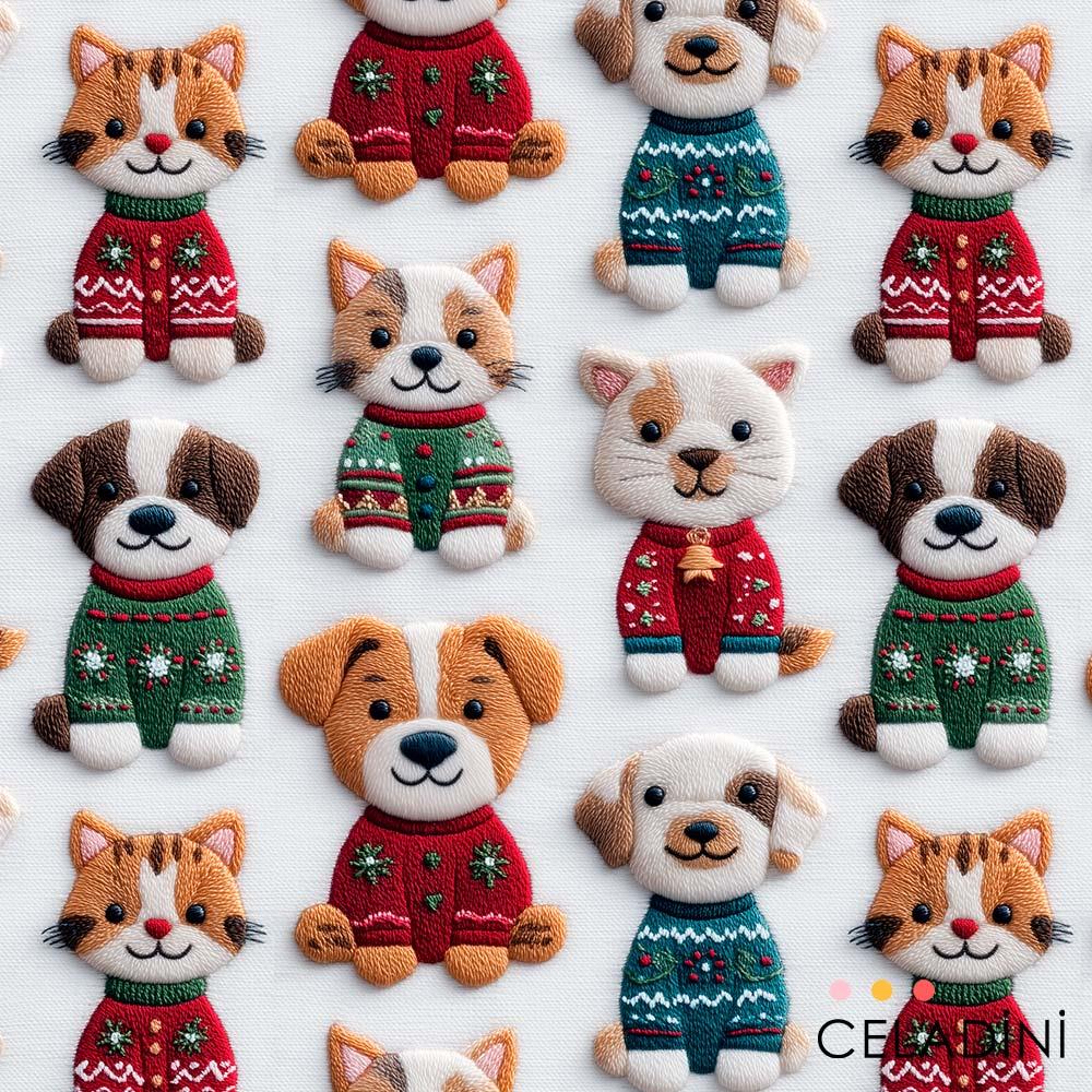 Kazaklı Kediler ve Köpekler Desenli Kumaş