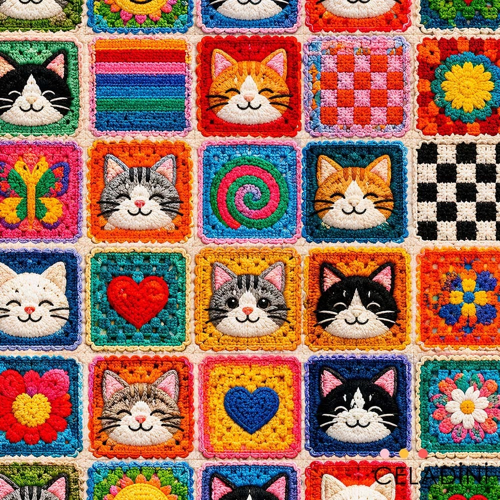 Kedili Retro Patchwork Desenli 3D Örgü Efektli Kumaş
