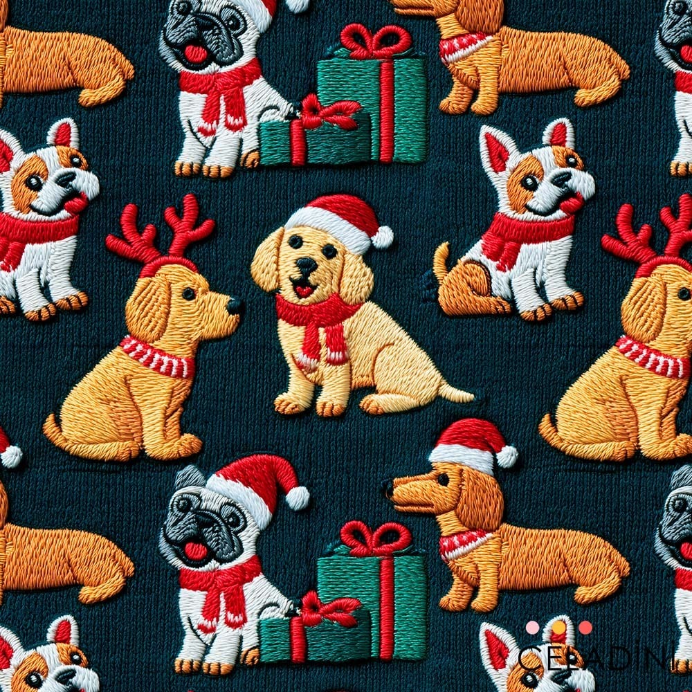 Köpekler ve Hediyeler 3D Nakış Efektli Kumaş