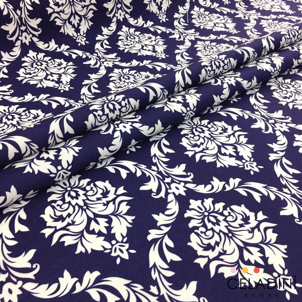 Lacivert Beyaz Büyük Damask Desenli Kumaş
