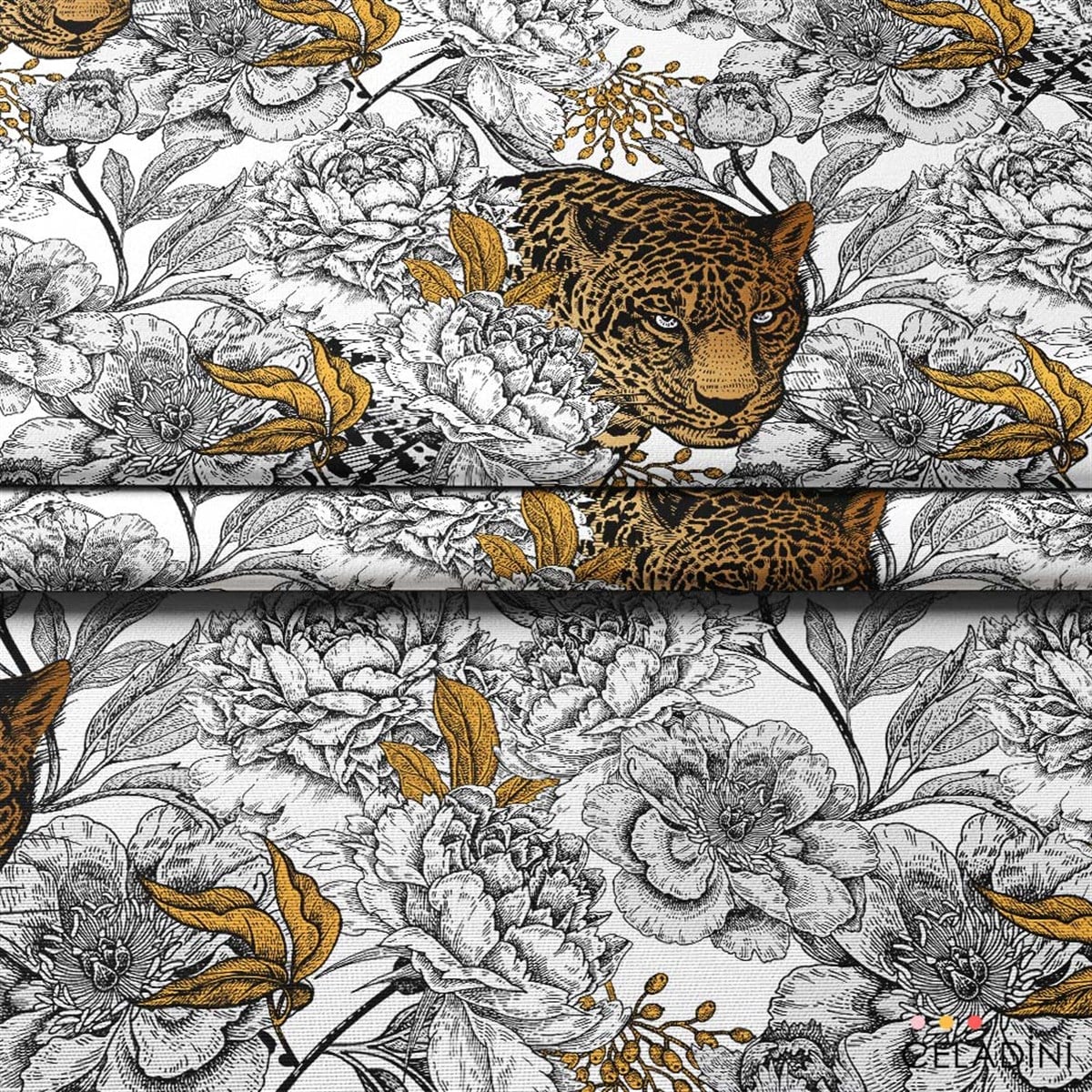 Leopar ve Çiçekler Desenli Kumaş