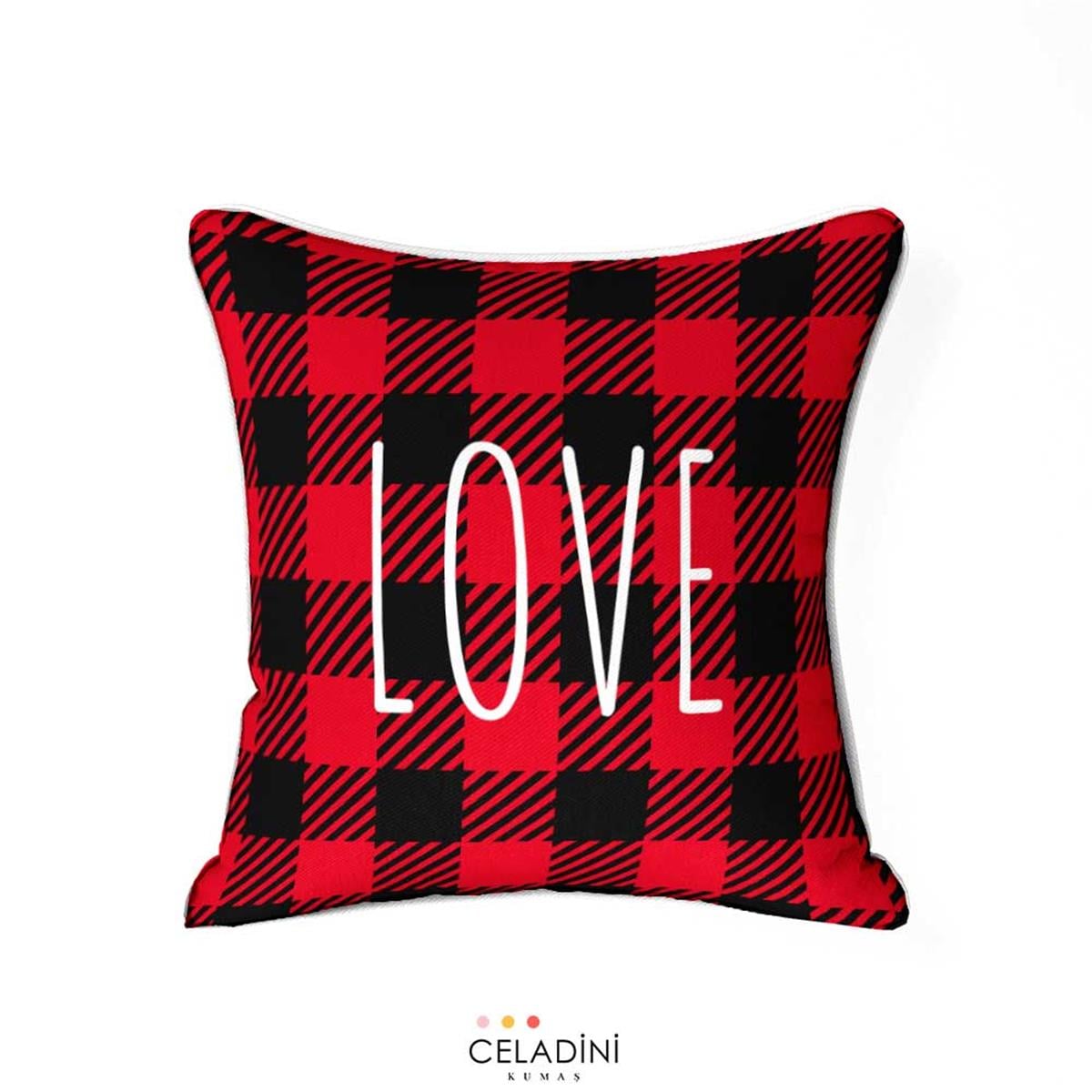 Love Yazılı Ekose Kırlent Kumaşı