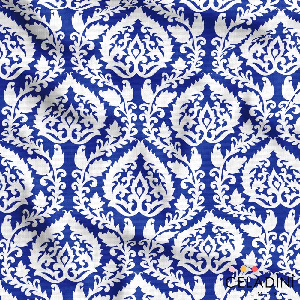Mavi Beyaz Damask Desenli Kumaş