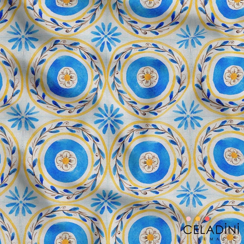 Mavi Sarı Çiçekli Çini Desenli Kumaş