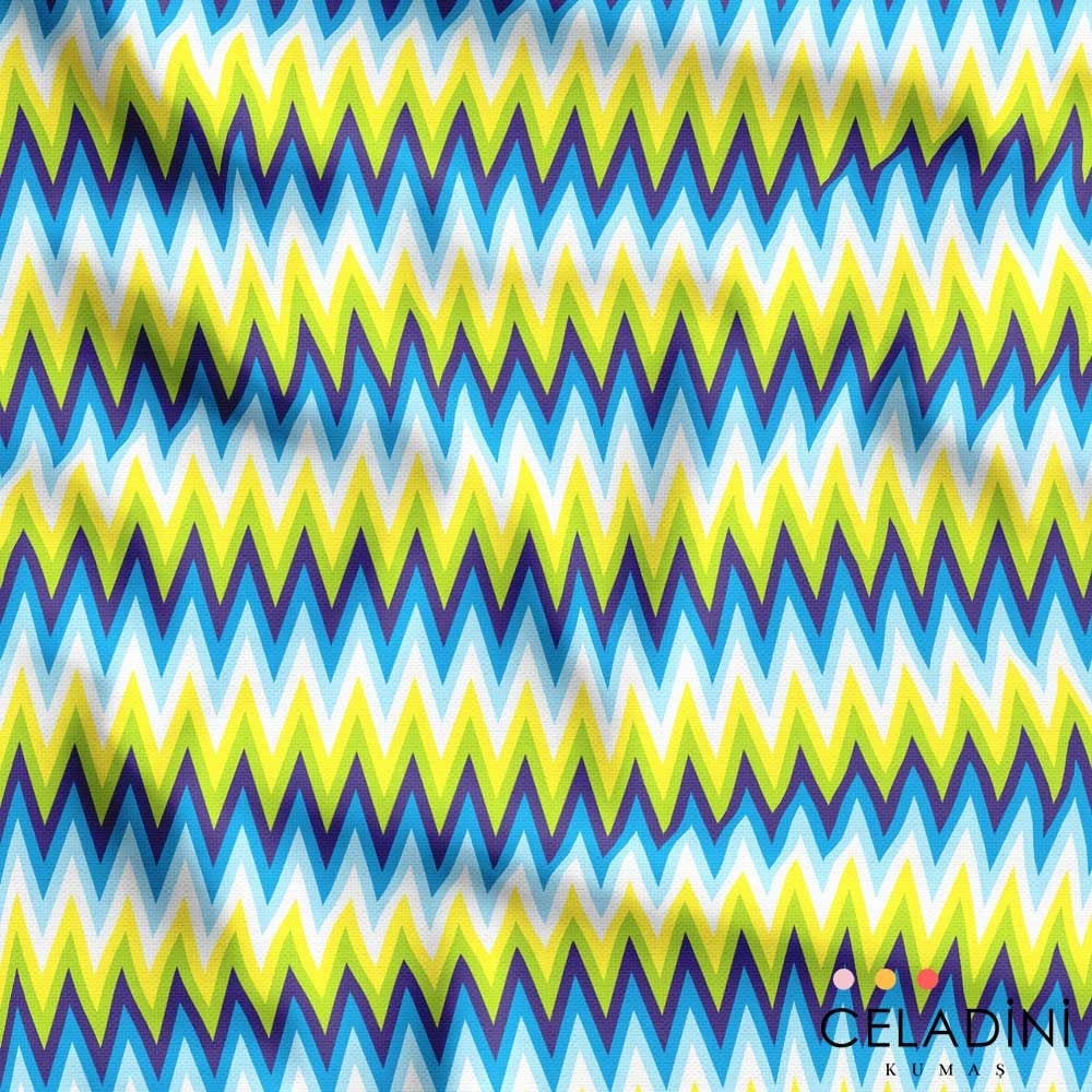 Mavi Yeşil Bitişik Zigzag Desenli Kumaş