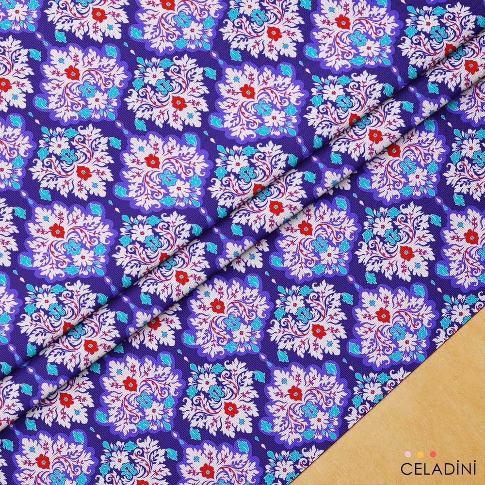 Modern Damask Çiçek Desenli Kumaş (Çivit Mavi)