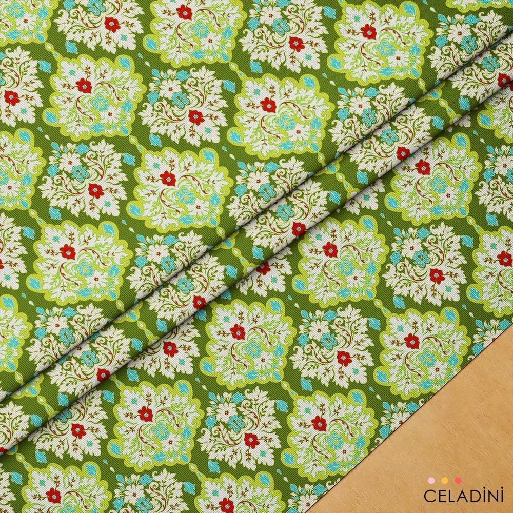 Modern Damask Çiçek Desenli Kumaş (Yeşil)