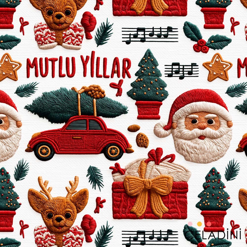 Mutlu Yıllar Yılbaşı Temalı 3D Nakış Efektli Kumaş