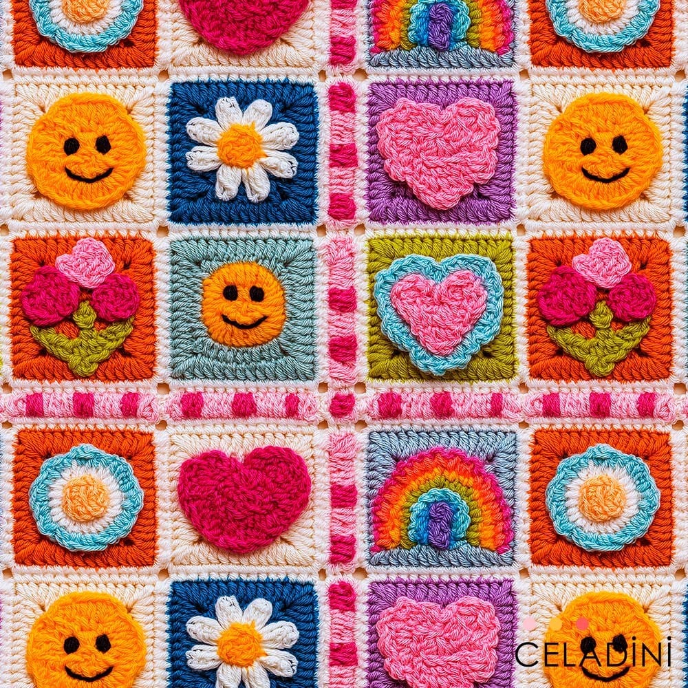 Mutluluk Motifleri Patchwork Desenli 3D Örgü Efektli Kumaş