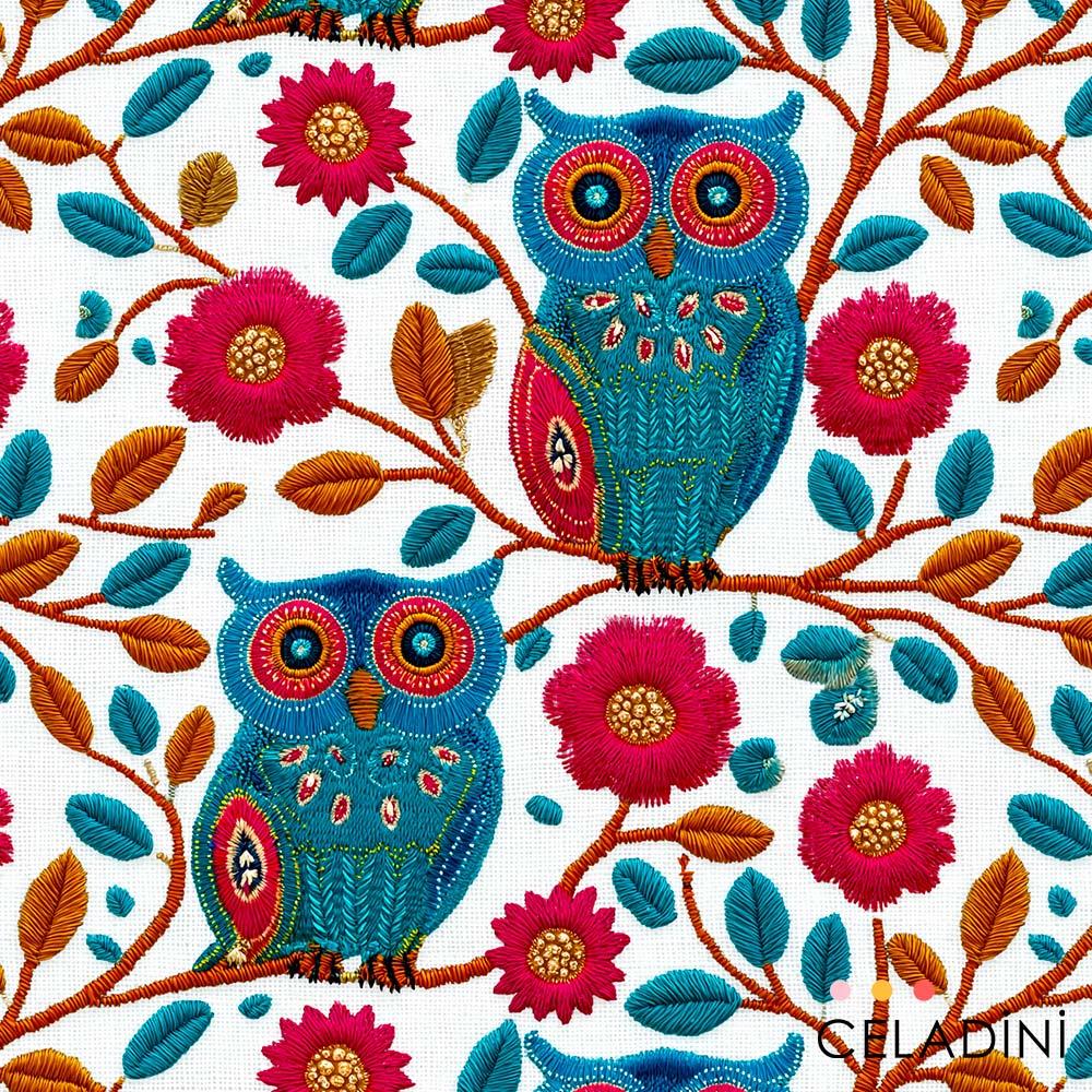 Nakış Efektli Baykuş Motifleri Desenli Kumaş